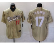 Men's Los Angeles Dodgers #17 Shohei Ohtani Number Cream Pinstripe Cool Base Stitched Jerseys