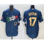 Men's Los Angeles Dodgers #17 Shohei Ohtani Number Mexico Blue Gold Pinstripe Cool Base Stitched Jersey