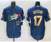 Men's Los Angeles Dodgers #17 Shohei Ohtani Number Mexico Blue Gold Pinstripe Cool Base Stitched Jersey