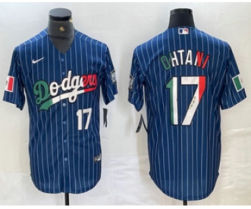 Men's Los Angeles Dodgers #17 Shohei Ohtani Number Mexico Blue Pinstripe Cool Base Stitched Jerseys