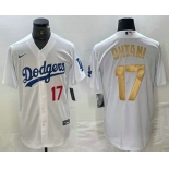 Men's Los Angeles Dodgers #17 Shohei Ohtani Number White Gold Stitched Cool Base Nike Jersey