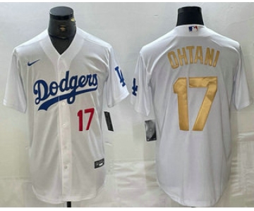 Men's Los Angeles Dodgers #17 Shohei Ohtani Number White Gold Stitched Cool Base Nike Jersey