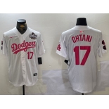 Men's Los Angeles Dodgers #17 Shohei Ohtani Number White Pink 2024 World Series Limited Cool Base Stitched Jersey