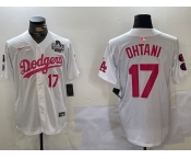 Men's Los Angeles Dodgers #17 Shohei Ohtani Number White Pink 2024 World Series Limited Cool Base Stitched Jersey