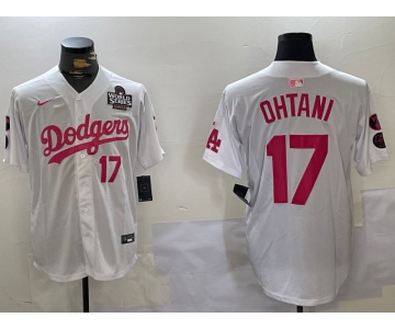 Men's Los Angeles Dodgers #17 Shohei Ohtani Number White Pink 2024 World Series Limited Cool Base Stitched Jersey