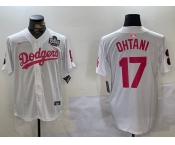 Men's Los Angeles Dodgers #17 Shohei Ohtani Number White Pink 2024 World Series Limited Cool Base Stitched Jerseys