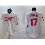 Men's Los Angeles Dodgers #17 Shohei Ohtani Number White Pink Limited Cool Base Stitched Jersey