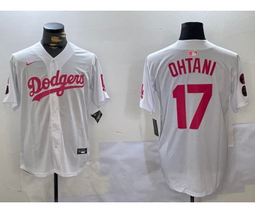 Men's Los Angeles Dodgers #17 Shohei Ohtani Number White Pink Limited Cool Base Stitched Jersey