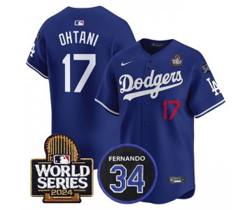 Men's Los Angeles Dodgers #17 Shohei Ohtani Royal 2024 World Series With Fernando Memorial Patch Limited Stitched Baseball Jersey