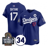 Men's Los Angeles Dodgers #17 Shohei Ohtani Royal 2024 World Series With No. 34 Patch Cool Base Stitched Baseball Jersey