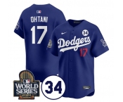 Men's Los Angeles Dodgers #17 Shohei Ohtani Royal 2024 World Series With No. 34 Patch Cool Base Stitched Baseball Jersey