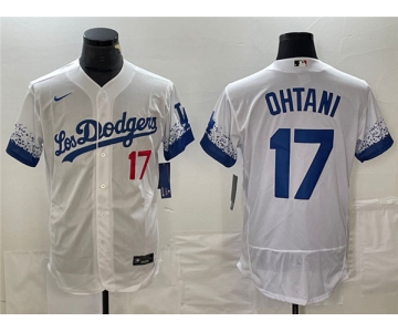 Men's Los Angeles Dodgers #17 Shohei Ohtani White City Connect Flex Base With Patch Stitched Baseball Jersey