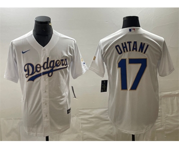 Men's Los Angeles Dodgers #17 Shohei Ohtani White Gold Cool Base With Patch Stitched Baseball Jersey