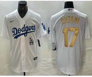 Men's Los Angeles Dodgers #17 Shohei Ohtani White Gold Stitched Cool Base Nike Jersey