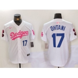 Men's Los Angeles Dodgers #17 Shohei Ohtani White Pink Vin & Kobe Patch Stitched Baseball Jersey1