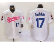 Men's Los Angeles Dodgers #17 Shohei Ohtani White Pink Vin & Kobe Patch Stitched Baseball Jersey1