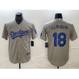 Men's Los Angeles Dodgers #18 山本由伸 Gray Cool Base With Patch Stitched Baseball Jersey