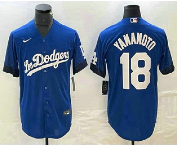 Men's Los Angeles Dodgers #18 Yoshinobu Yamamoto Blue 2021 City Connect Cool Base Stitched Jersey