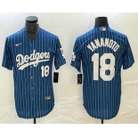 Men's Los Angeles Dodgers #18 Yoshinobu Yamamoto Number Blue Pinstripe Cool Base Stitched Baseball Jersey