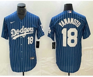 Men's Los Angeles Dodgers #18 Yoshinobu Yamamoto Number Blue Pinstripe Cool Base Stitched Baseball Jersey