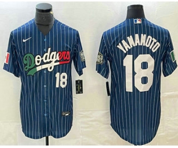 Men's Los Angeles Dodgers #18 Yoshinobu Yamamoto Number Navy Blue Pinstripe Mexico 2020 World Series Cool Base Nike Jersey