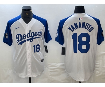 Mens Los Angeles Dodgers #18 Yoshinobu Yamamoto Number White Blue Fashion Stitched Cool Base Limited Jersey