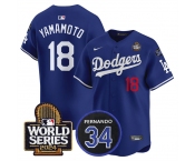 Men's Los Angeles Dodgers #18 Yoshinobu Yamamoto Royal 2024 World Series With Fernando Memorial Patch Limited Stitched Baseball Jersey