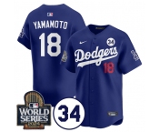 Men's Los Angeles Dodgers #18 Yoshinobu Yamamoto Royal 2024 World Series With No. 34 Patch Cool Base Stitched Baseball Jersey