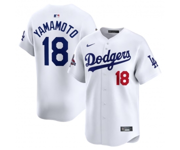 Men's Los Angeles Dodgers #18 Yoshinobu Yamamoto White 2024 World Series Champions Home Limited Stitched Baseball Jersey