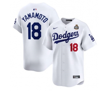 Men's Los Angeles Dodgers #18 Yoshinobu Yamamoto White 2024 World Series Home Limited Stitched Baseball Jersey