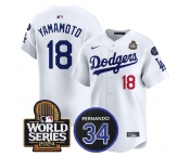 Men's Los Angeles Dodgers #18 Yoshinobu Yamamoto White 2024 World Series With Fernando Memorial Patch Limited Stitched Baseball Jersey