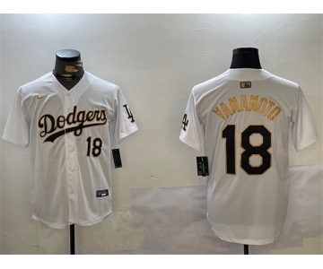 Men's Los Angeles Dodgers #18 Yoshinobu Yamamoto White Gold Home Limited Stitched Baseball Jersey