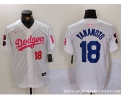 Men's Los Angeles Dodgers #18 Yoshinobu Yamamoto White Pink Vin & Kobe Patch Stitched Baseball Jersey1