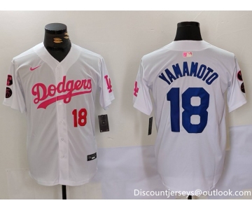 Men's Los Angeles Dodgers #18 Yoshinobu Yamamoto White Pink Vin & Kobe Patch Stitched Baseball Jersey1