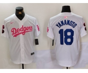 Men's Los Angeles Dodgers #18 Yoshinobu Yamamoto White Pink Vin & Kobe Patch Stitched Baseball Jersey