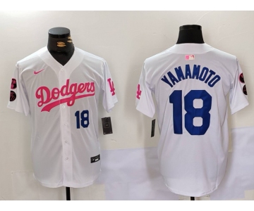 Men's Los Angeles Dodgers #18 Yoshinobu Yamamoto White Pink Vin & Kobe Patch Stitched Baseball Jerseys