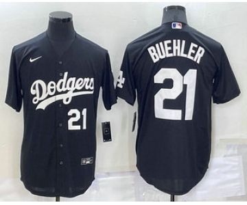 Men's Los Angeles Dodgers #21 Walker Buehler Number Black Turn Back The Clock Stitched Cool Base Jersey