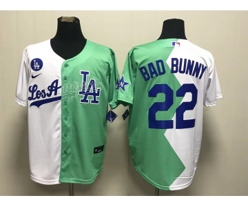 Men's Los Angeles Dodgers #22 Bad Bunny White Green 2022 Celebrity Softball Game Cool Base Jersey