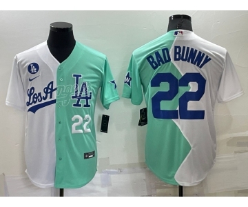 Men's Los Angeles Dodgers #22 Bad Bunny White Green Number 2022 Celebrity Softball Game Cool Base Jersey 1