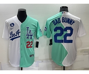 Mens Los Angeles Dodgers #22 Bad Bunny White Green Number 2022 Celebrity Softball Game Cool Base Jersey