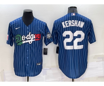 Men's Los Angeles Dodgers #22 Clayton Kershaw Navy Blue Pinstripe 2020 World Series Cool Base Nike Jersey