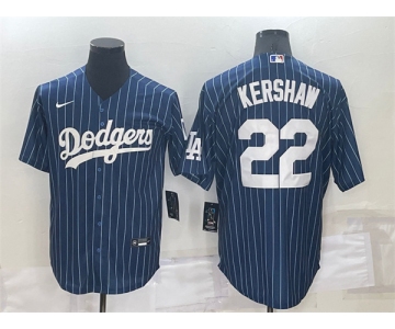 Men's Los Angeles Dodgers #22 Clayton Kershaw Navy Blue Pinstripe Stitched MLB Cool Base Nike Jersey