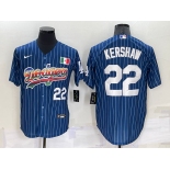 Mens Los Angeles Dodgers #22 Clayton Kershaw Number Rainbow Blue Red Pinstripe Mexico Cool Base Nike Jersey