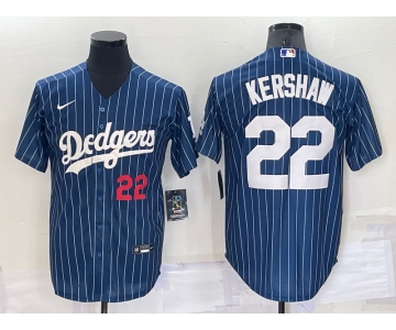 Men's Los Angeles Dodgers #22 Clayton Kershaw Number Red Navy Blue Pinstripe Stitched MLB Cool Base Nike Jersey