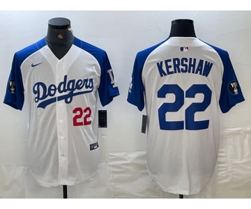 Men's Los Angeles Dodgers #22 Clayton Kershaw Number White Blue Fashion Stitched Cool Base Limited Jersey