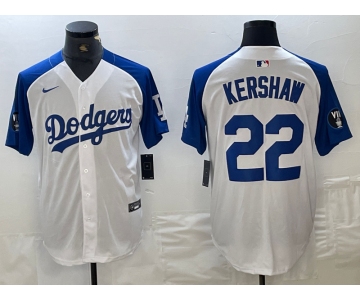 Men's Los Angeles Dodgers #22 Clayton Kershaw White Blue Fashion Stitched Cool Base Limited Jersey