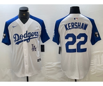 Men's Los Angeles Dodgers #22 Clayton Kershaw White Blue Fashion Stitched Cool Base Limited Jerseys