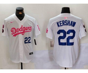 Men's Los Angeles Dodgers #22 Clayton Kershaw White Pink Vin & Kobe Patch Stitched Baseball Jersey 1