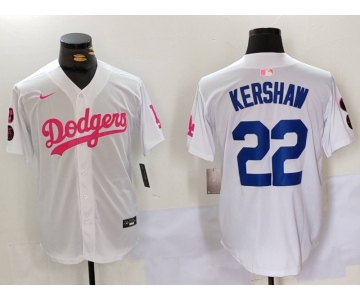 Men's Los Angeles Dodgers #22 Clayton Kershaw White Pink Vin & Kobe Patch Stitched Baseball Jersey