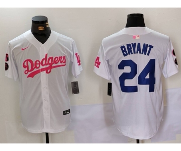 Men's Los Angeles Dodgers #24 Kobe Bryant White Pink Vin & Kobe Patch Stitched Baseball Jersey1